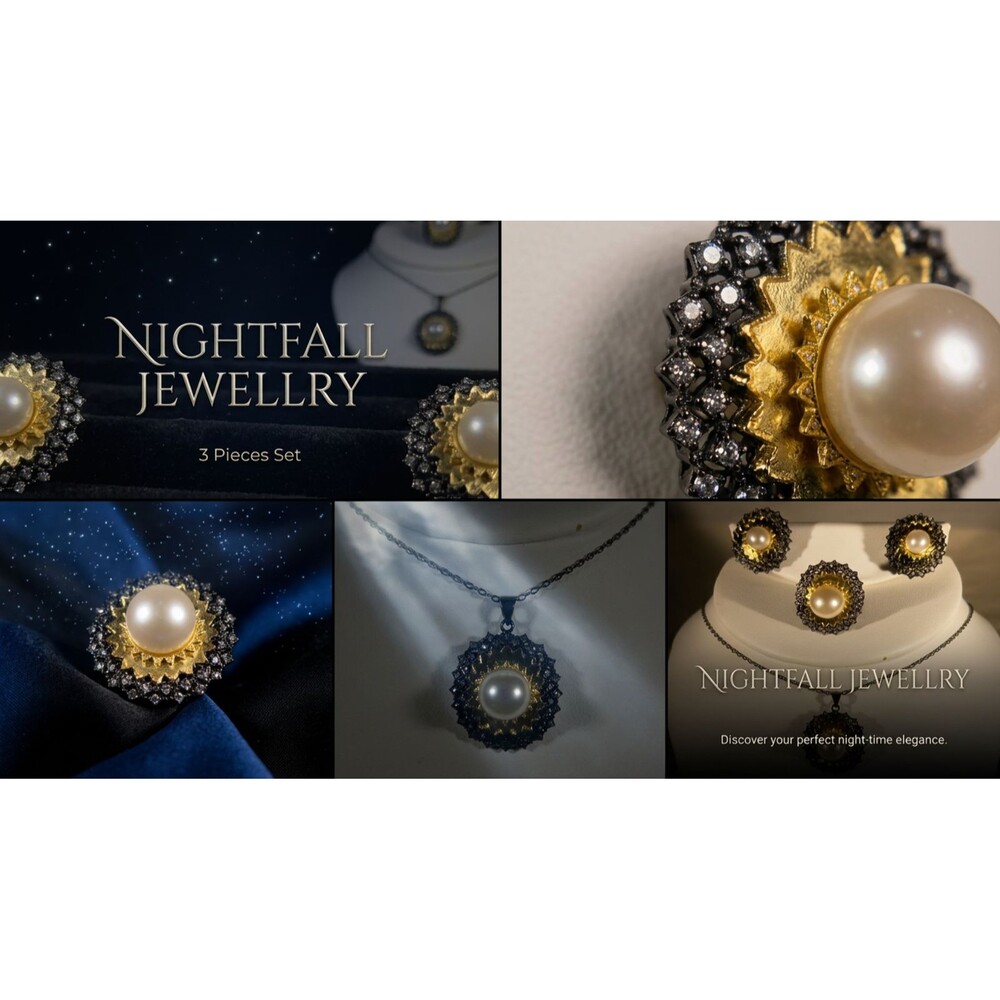 NIghtfall Jewellry-Sunburst 3-Piece Pearl Jewelry Set - Gold & Black Finish